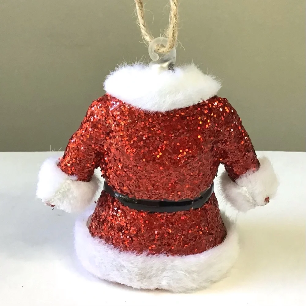 Mr Santa Claus Coat Christmas Ornament Red Glitter Soft White Fur Twine Hanger